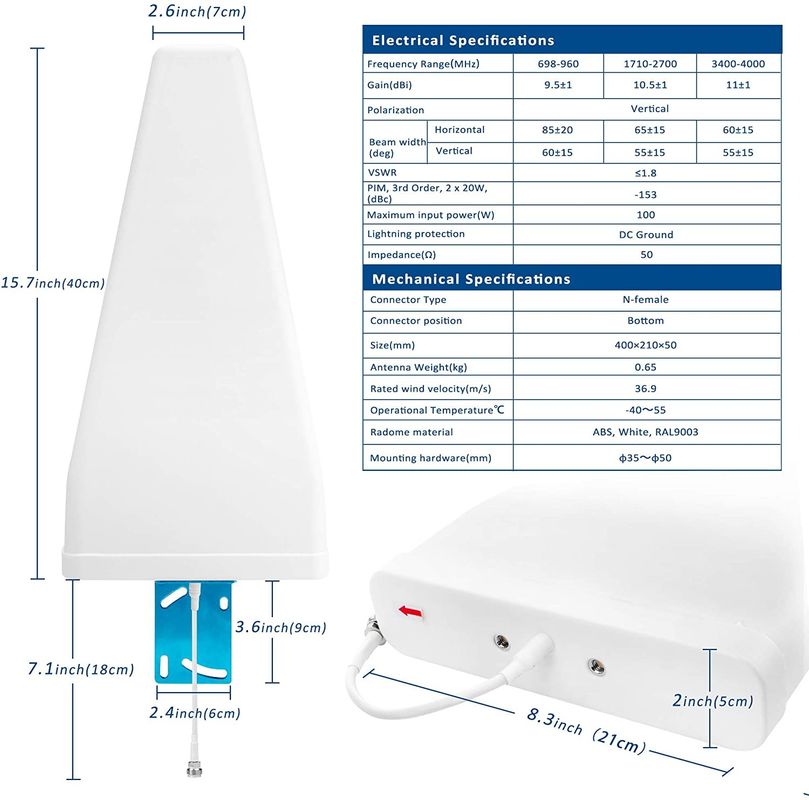 698-960/1710-2700MHz LPDA Antenna for 2G 3G 4G 5G 6G CDMA GSM DCS Outdoor Panel Design